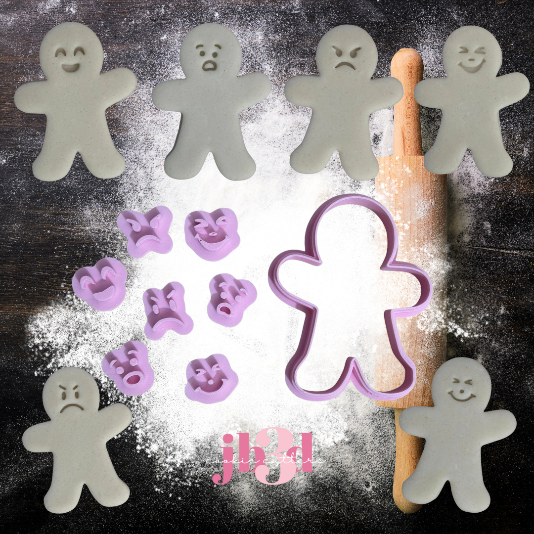 Gingrebread with 7 faces - 1 gingerbread Cutter 7 stamps to face suit SET of 8