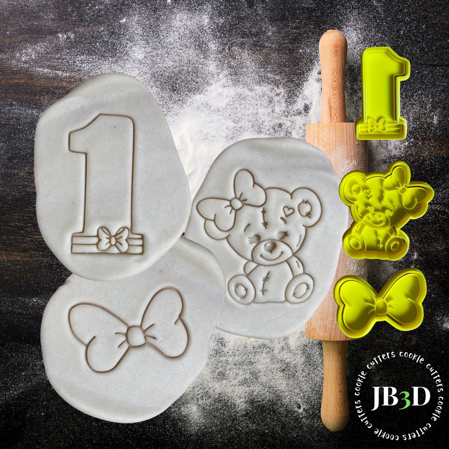 1st Birthday BEAR & BOW Set Cookie Cutter and Embosser Stamp